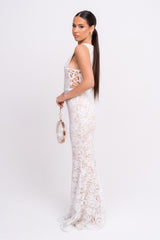Flora White Luxe Deep Plunge Tie Side Floral Lace Sequin Embellished Maxi Dress