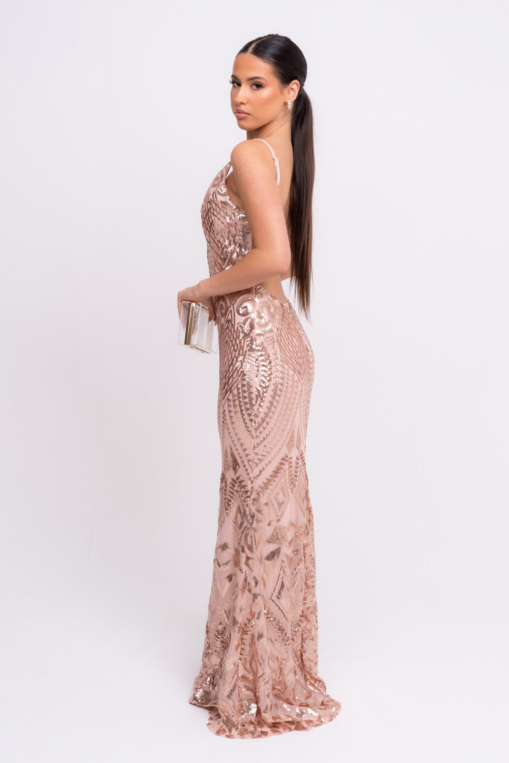 Spotlight Rose Gold Vip Luxe Sequin Backless Mermaid Fishtail Dress