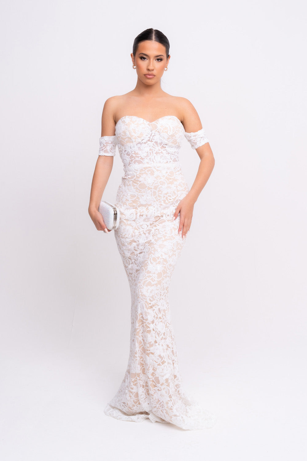 Daydreamer White Floral Lace Sequin Embellished Off The Shoulder Bardot Cuff Maxi Dress