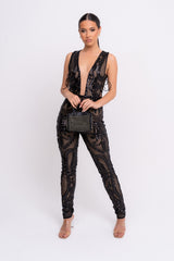 Epic Black Luxe Deep Plunge Illusion Tie Sequin Mesh Embellished Jumpsuit