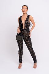 Epic Black Luxe Deep Plunge Illusion Tie Sequin Mesh Embellished Jumpsuit