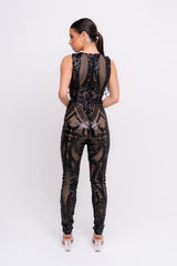 Epic Black Luxe Deep Plunge Illusion Tie Sequin Mesh Embellished Jumpsuit