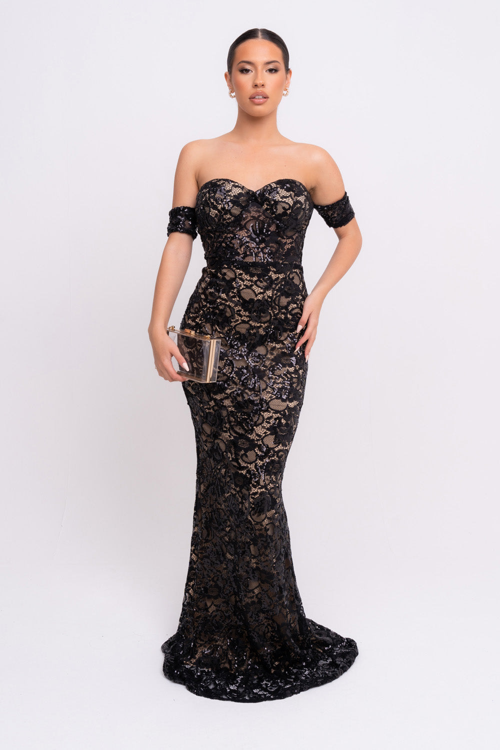 Daydreamer Black Floral Lace Sequin Embellished Off The Shoulder Bardot Cuff Maxi Dress