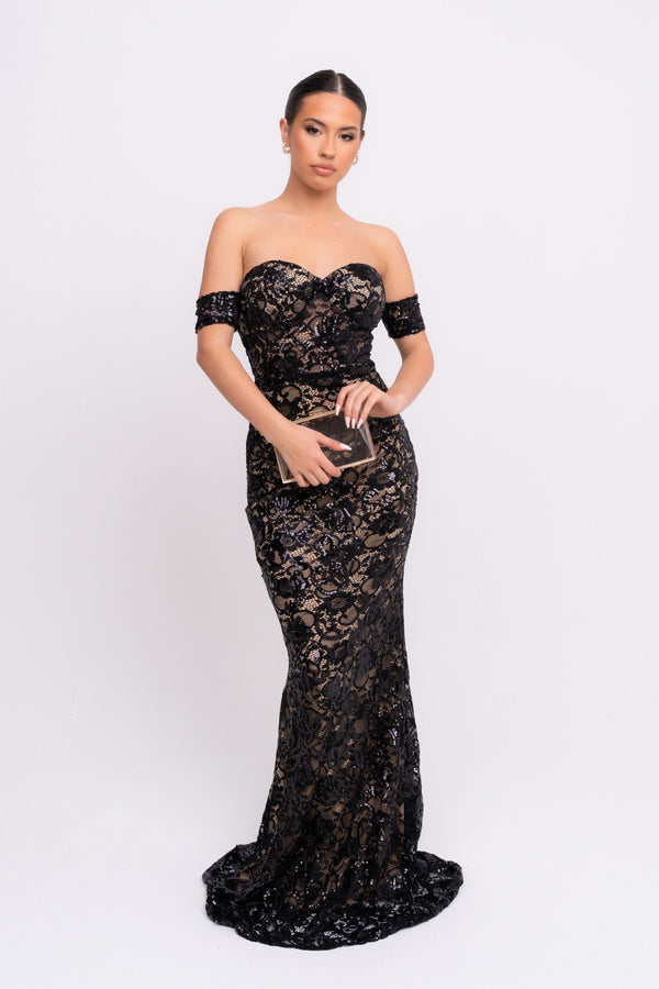 Daydreamer Black Floral Lace Sequin Embellished Off The Shoulder Bardot Cuff Maxi Dress