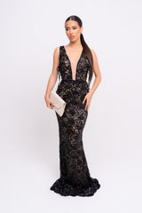 Flora Black Luxe Deep Plunge Tie Side Floral Lace Sequin Embellished Maxi Dress