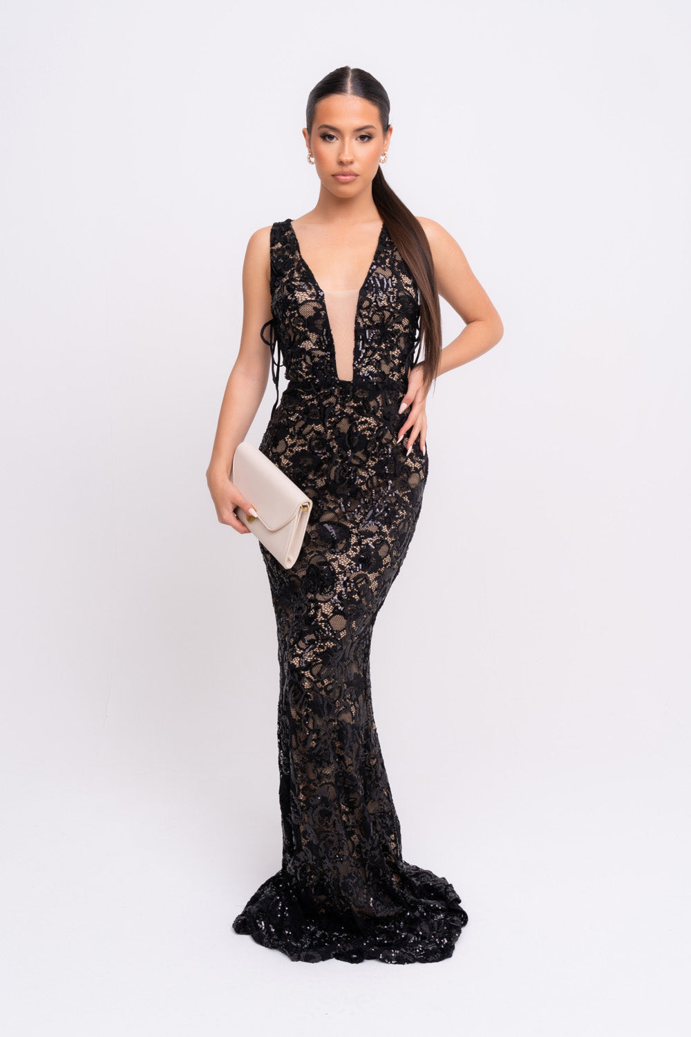Flora Black Luxe Deep Plunge Tie Side Floral Lace Sequin Embellished M –  Nazz Collection