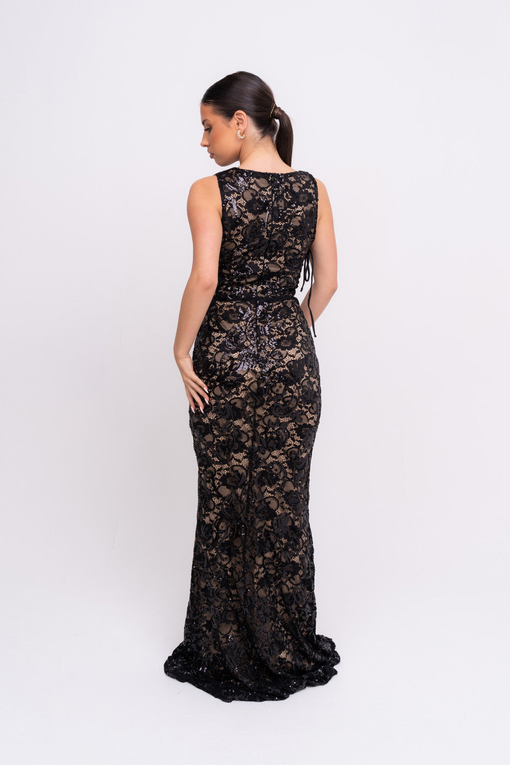 Flora Black Luxe Deep Plunge Tie Side Floral Lace Sequin Embellished Maxi Dress