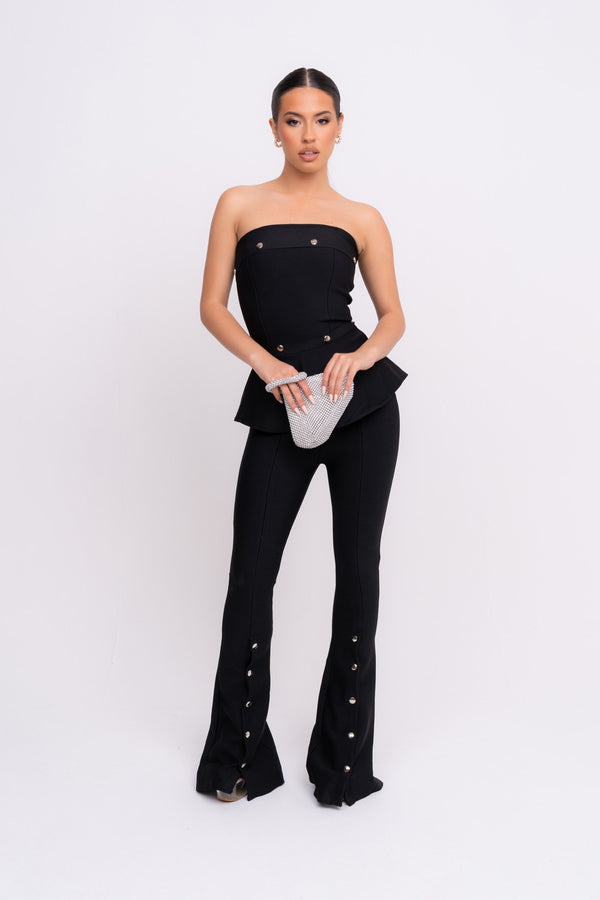 Luna VIP Luxe Black Bandage Bodycon Button Top and Trouser Co-Ord Set