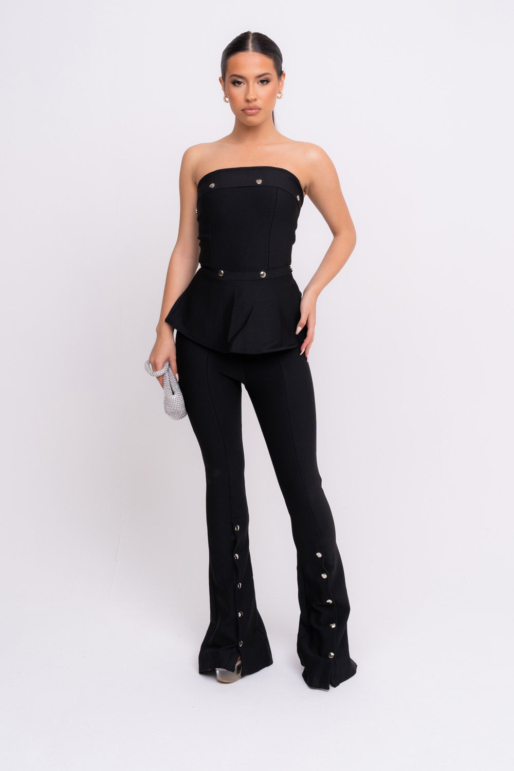 Luna VIP Luxe Black Bandage Bodycon Button Top and Trouser Co-Ord Set