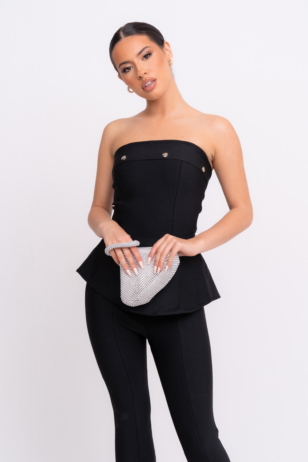 Luna VIP Luxe Black Bandage Bodycon Button Top and Trouser Co-Ord Set
