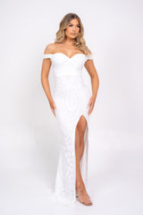 Angelika White Luxe Sequin Embellished Off The Shoulder Maxi Slit Dress