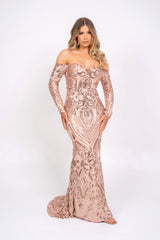 Bella Rose Gold Vip Sequin Embellished Illusion Off The Shoulder Long Sleeve Maxi Fishtail Dress