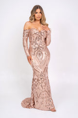 Bella Rose Gold Vip Sequin Embellished Illusion Off The Shoulder Long Sleeve Maxi Fishtail Dress