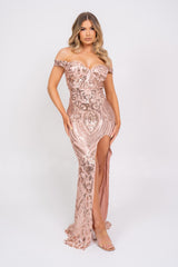 Angelika Rose Gold Luxe Sequin Embellished Off The Shoulder Maxi Slit Dress