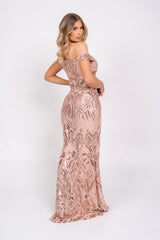 Angelika Rose Gold Luxe Sequin Embellished Off The Shoulder Maxi Slit Dress