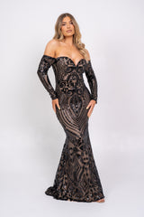 Bella Luxe Vip Black Sequin Embellished Illusion Off The Shoulder Long Sleeve Maxi Fishtail Dress