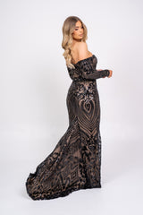 Bella Luxe Vip Black Sequin Embellished Illusion Off The Shoulder Long Sleeve Maxi Fishtail Dress