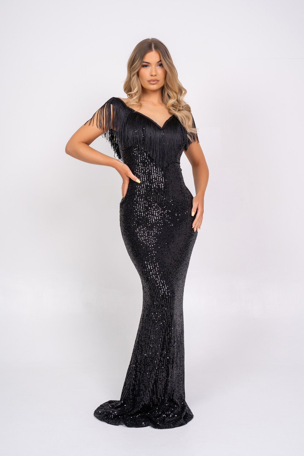 Kendal Black Luxe Vip Plunge Tassel Fringe Sequin Embellished Illusion Maxi Dress