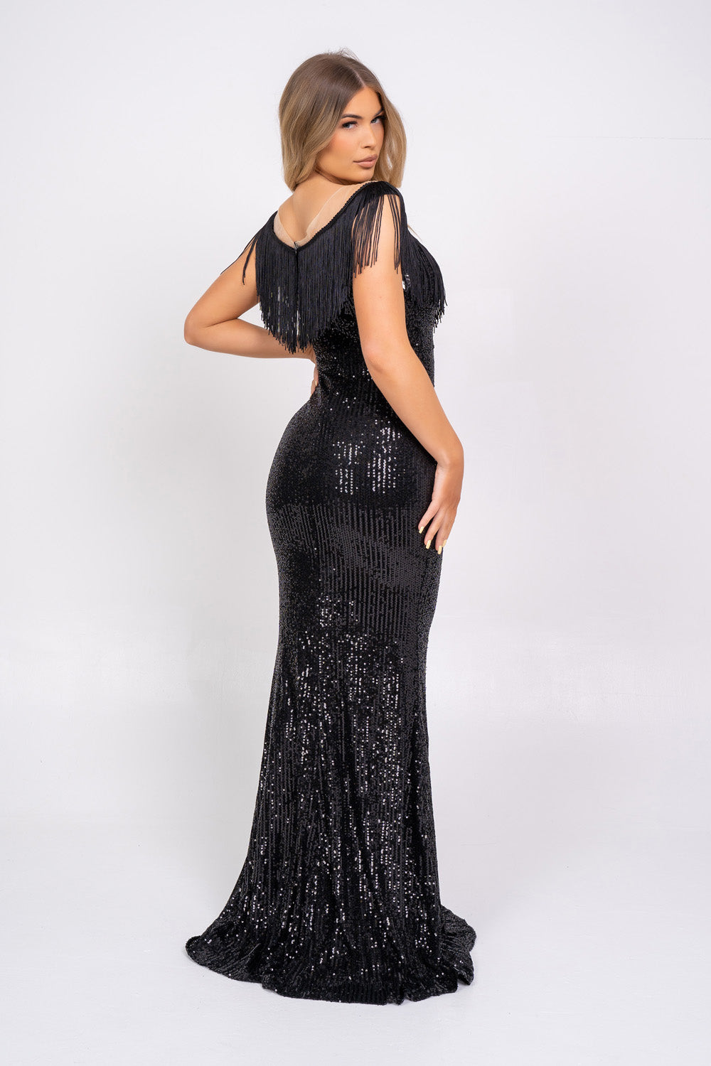 Kendal Black Luxe Vip Plunge Tassel Fringe Sequin Embellished Illusion Maxi Dress