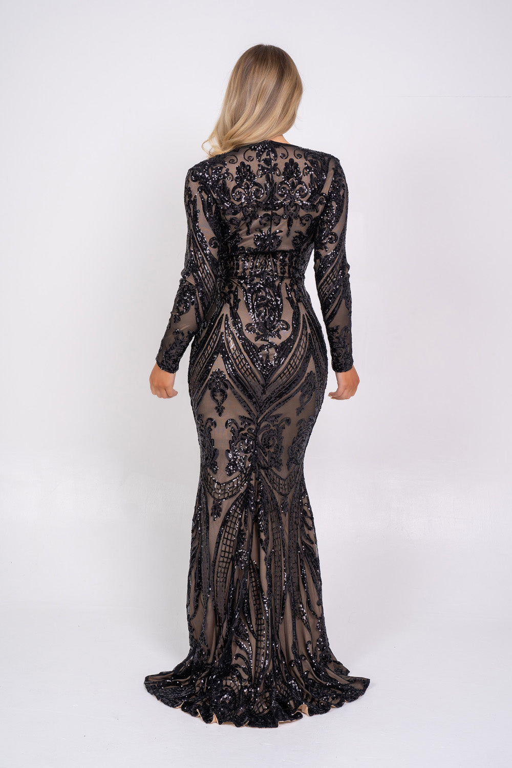 Arabella Black Luxe Tribal Vip Sequin Plunge Fishtail Dress