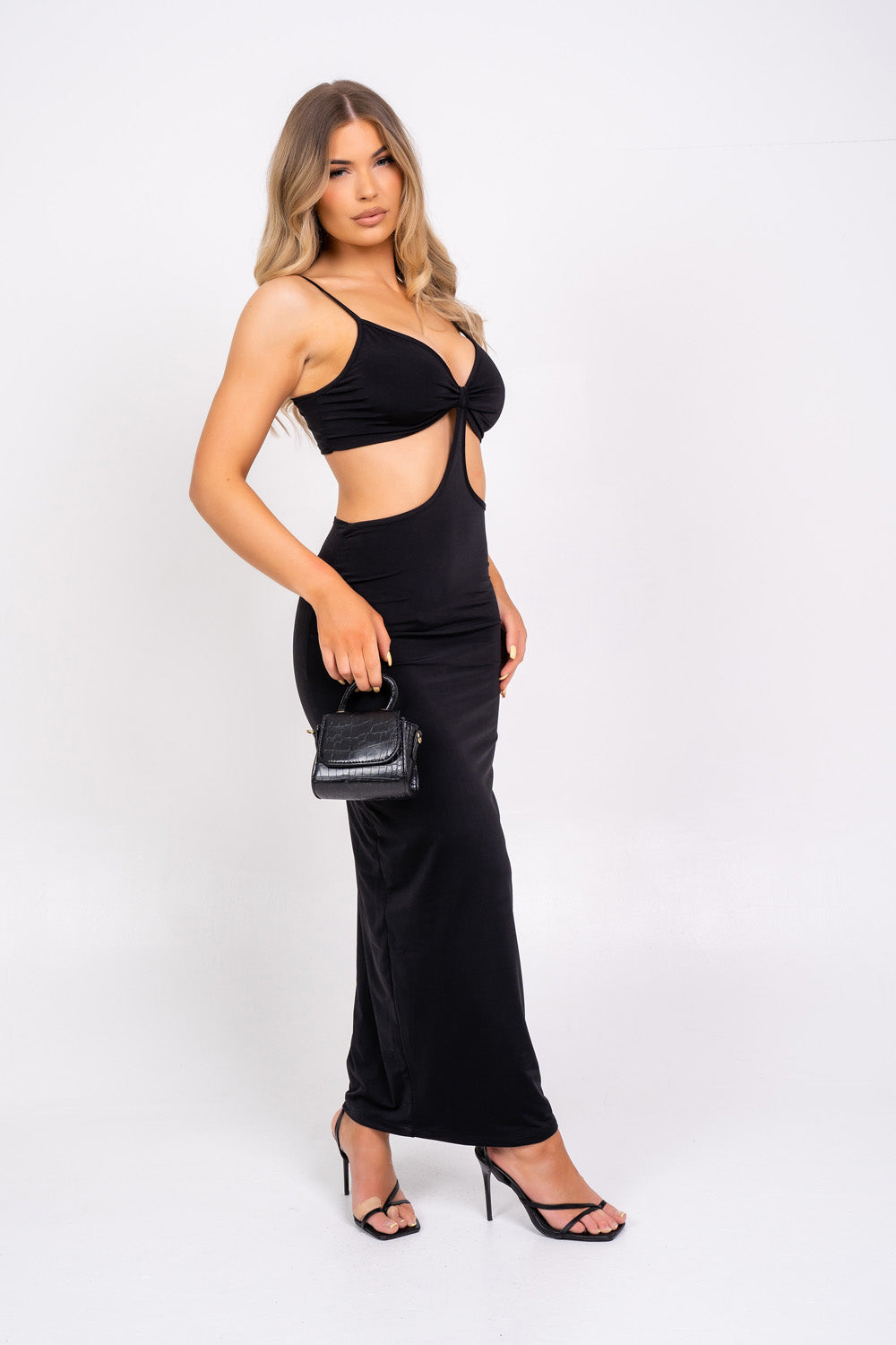 Over It Black Slinky Bodycon Strappy Cut Out Maxi Dress