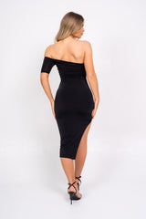 The Baddest Black Slinky Bodycon One Shoulder Cut Out Slit O Ring Dress