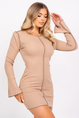 Material Girl Sand Inside Out Contrast Stitch Long Sleeve Mini Dress