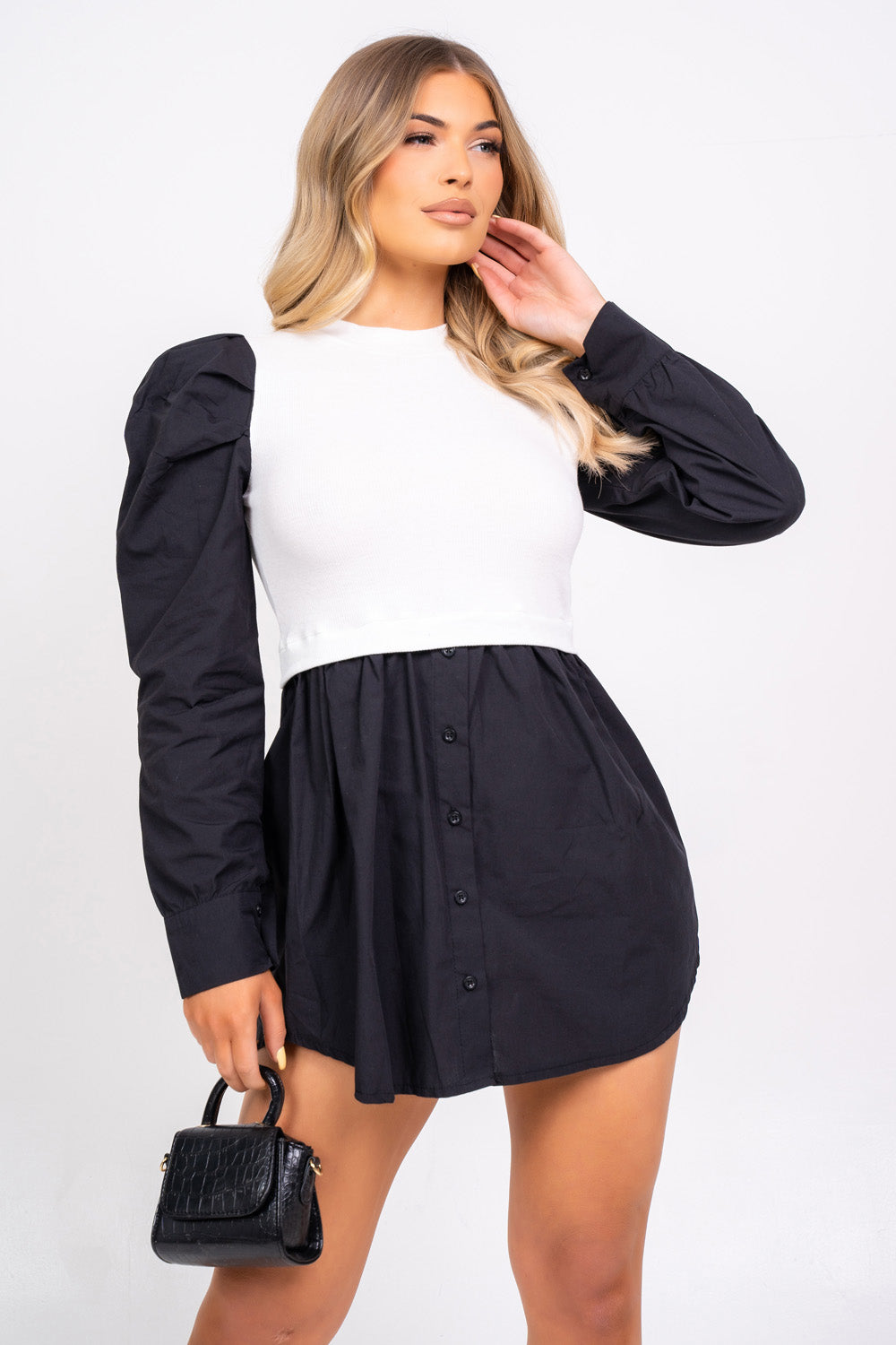 Best Behavior Overlay Black and White Puff Sleeve Shirt Dress