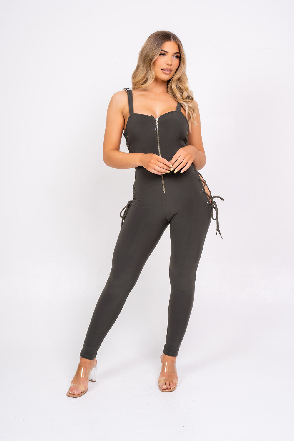 Snatched Khaki Sculpted Cut Out Rope Tie Side Jumpsuit Romper