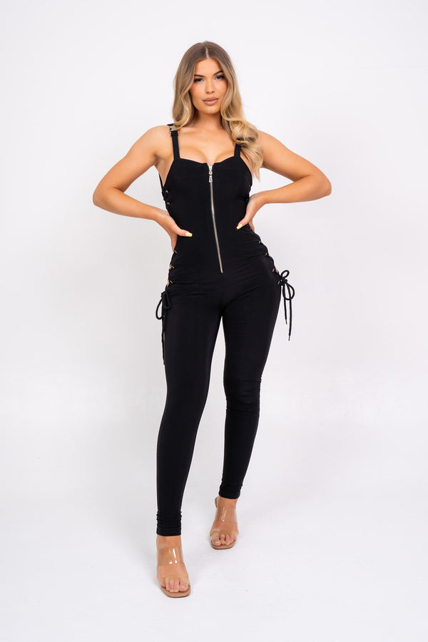 Snatched Black Sculpted Cut Out Rope Tie Side Jumpsuit Romper