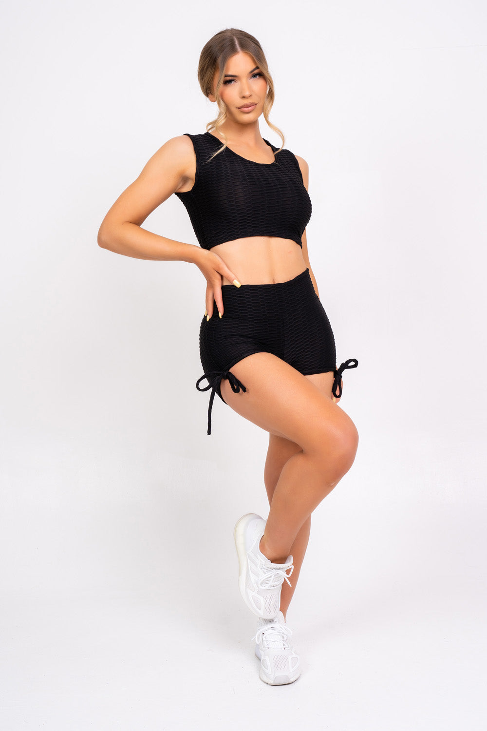 Frankie Black Honeycomb Sports Top & Shorts Co-ord Fitness Set