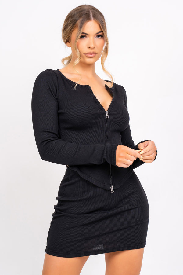 Feel The Vibe Black Two Piece Cardigan Mini Skirt Co-ord Set