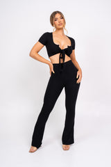 Never Endin' Black Ribbed Two Piece Tie Front Top High Rise Flare Wide Trousers Co-ord Set