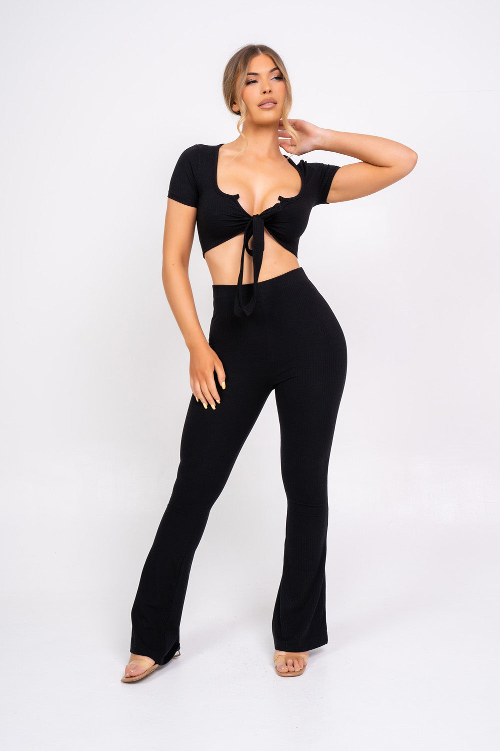 Never Endin' Black Ribbed Two Piece Tie Front Top High Rise Flare Wide Trousers Co-ord Set