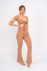 Never Endin' Sand Ribbed Two Piece Tie Front Top High Rise Flare Wide Trousers Co-ord Set