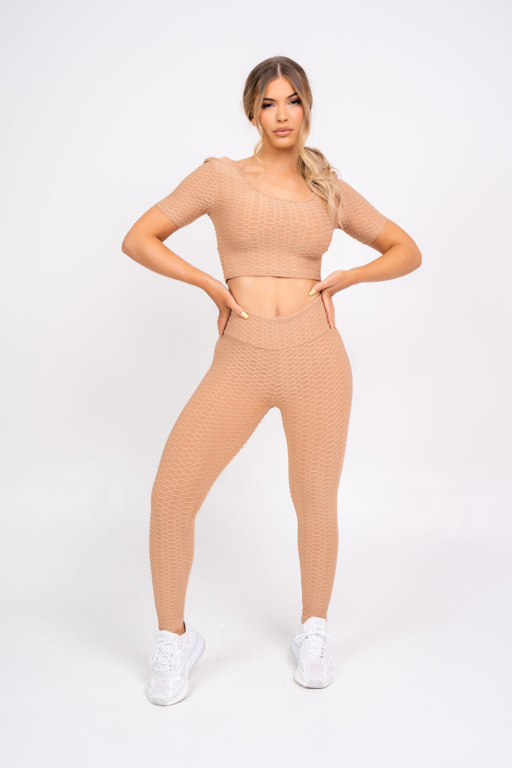 Dion Sand Honeycomb Sports Cropped Top & leggings Co-ord Fitness Set