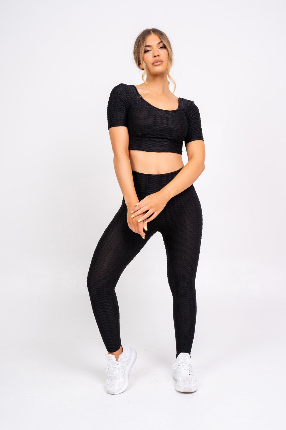 Dion Black Honeycomb Sports Cropped Top & leggings Co-ord Fitness Set