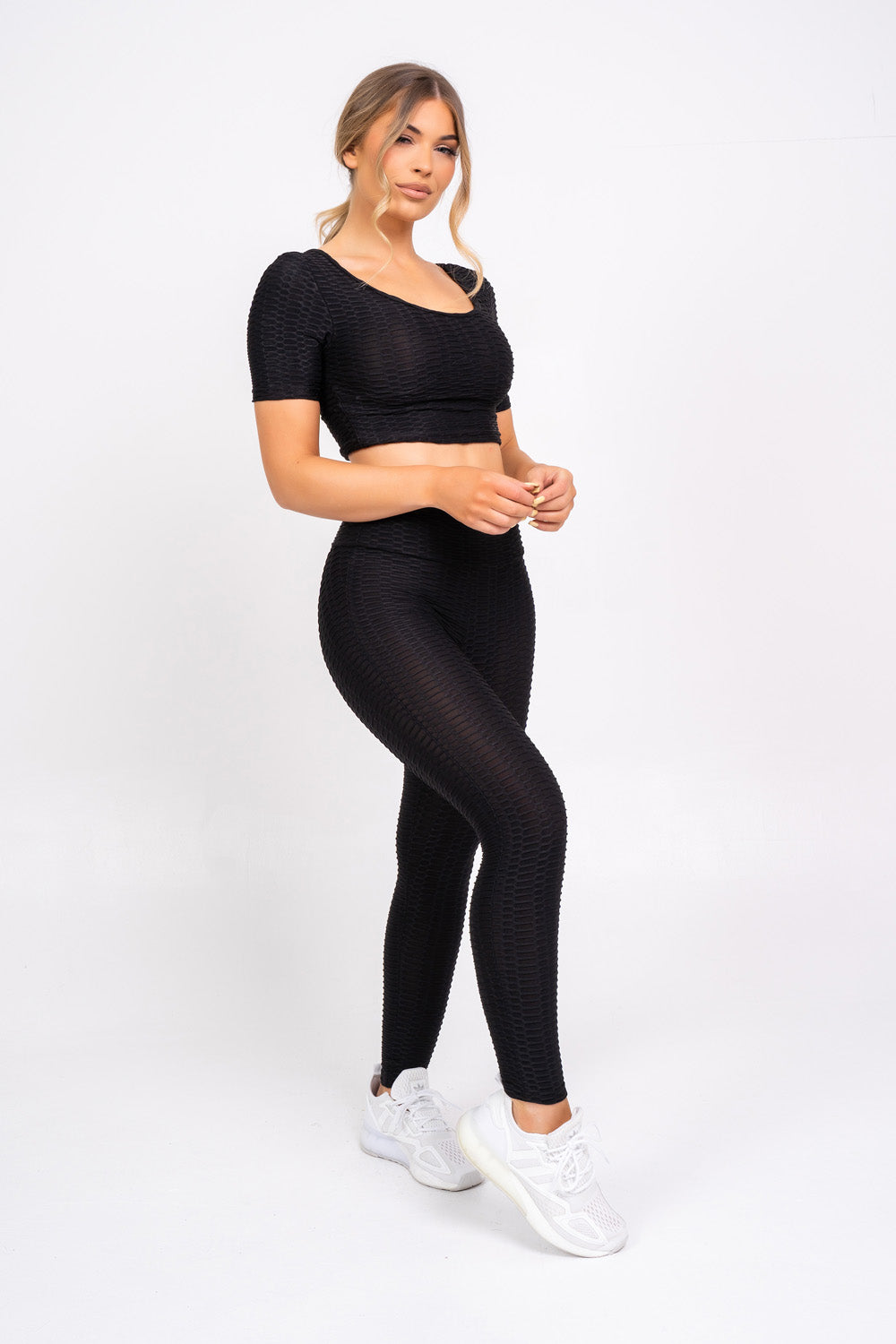 Dion Black Honeycomb Sports Cropped Top & leggings Co-ord Fitness Set