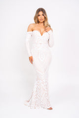 Bella Luxe Vip White Sequin Embellished Illusion Off The Shoulder Long Sleeve Maxi Fishtail Dress
