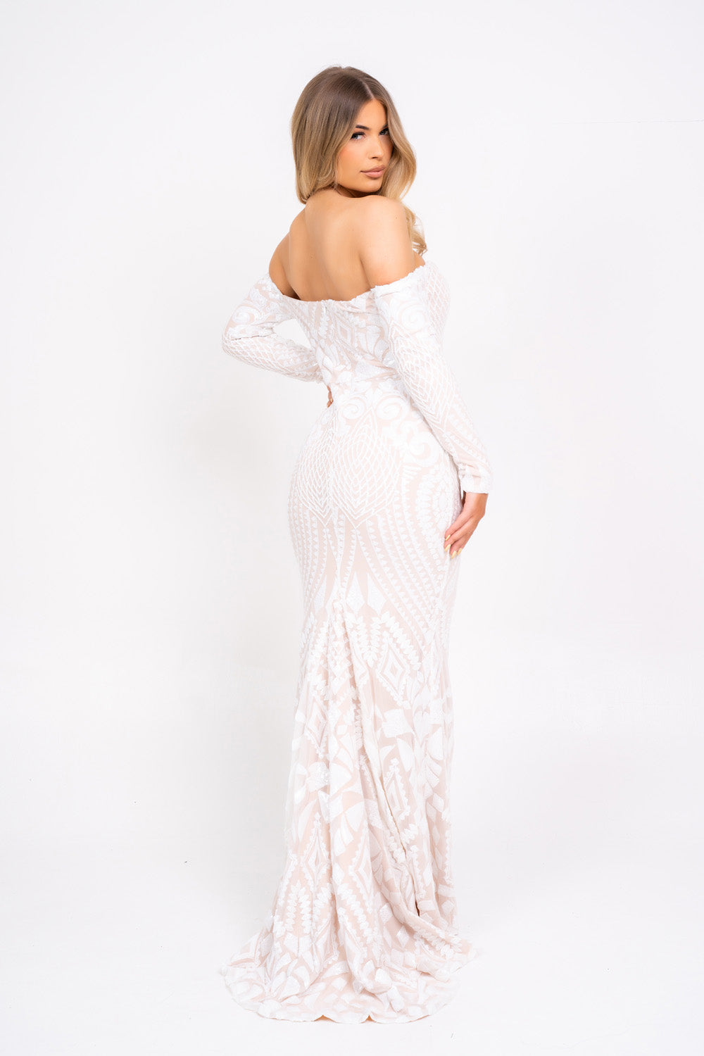 Bella Luxe Vip White Sequin Embellished Illusion Off The Shoulder Long Sleeve Maxi Fishtail Dress