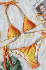 Tropicana Orange Ombre Triangle Bikini Embellished Jewel And Seashells