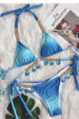 Tropicana Blue Ombre Triangle Bikini Embellished Jewel And Seashells