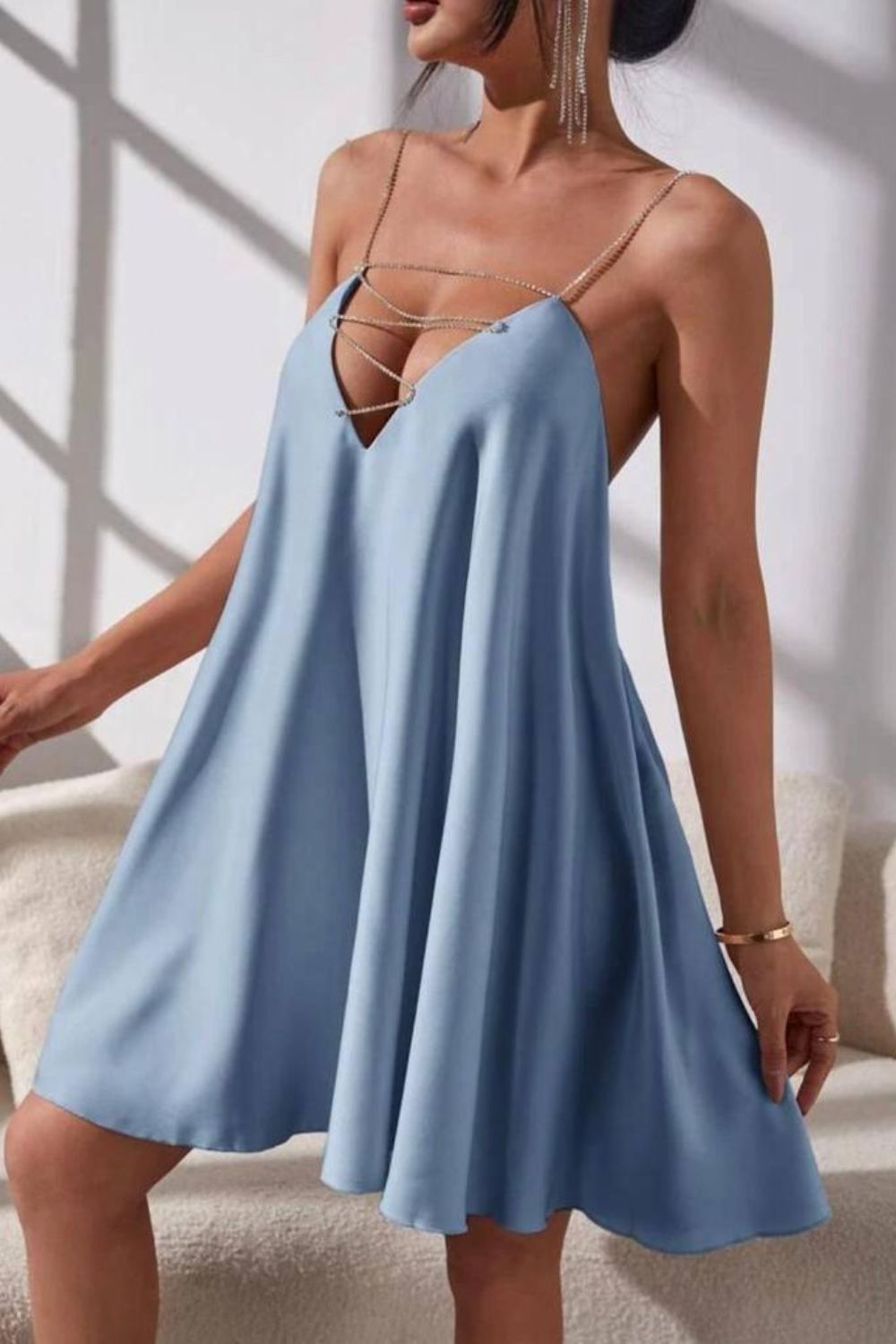 Marbella Baby Blue Satin Diamante Chain Floaty Mini Dress