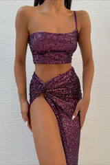 Believe It Purple Mermaid Sequin One Shoulder Knotted Slit Skirt Two Piece Co ord Set