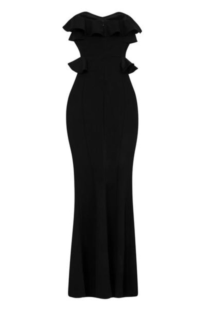 Paloma Black Strapless Frill Ruffle Bodycon Slinky Mermaid Maxi Dress