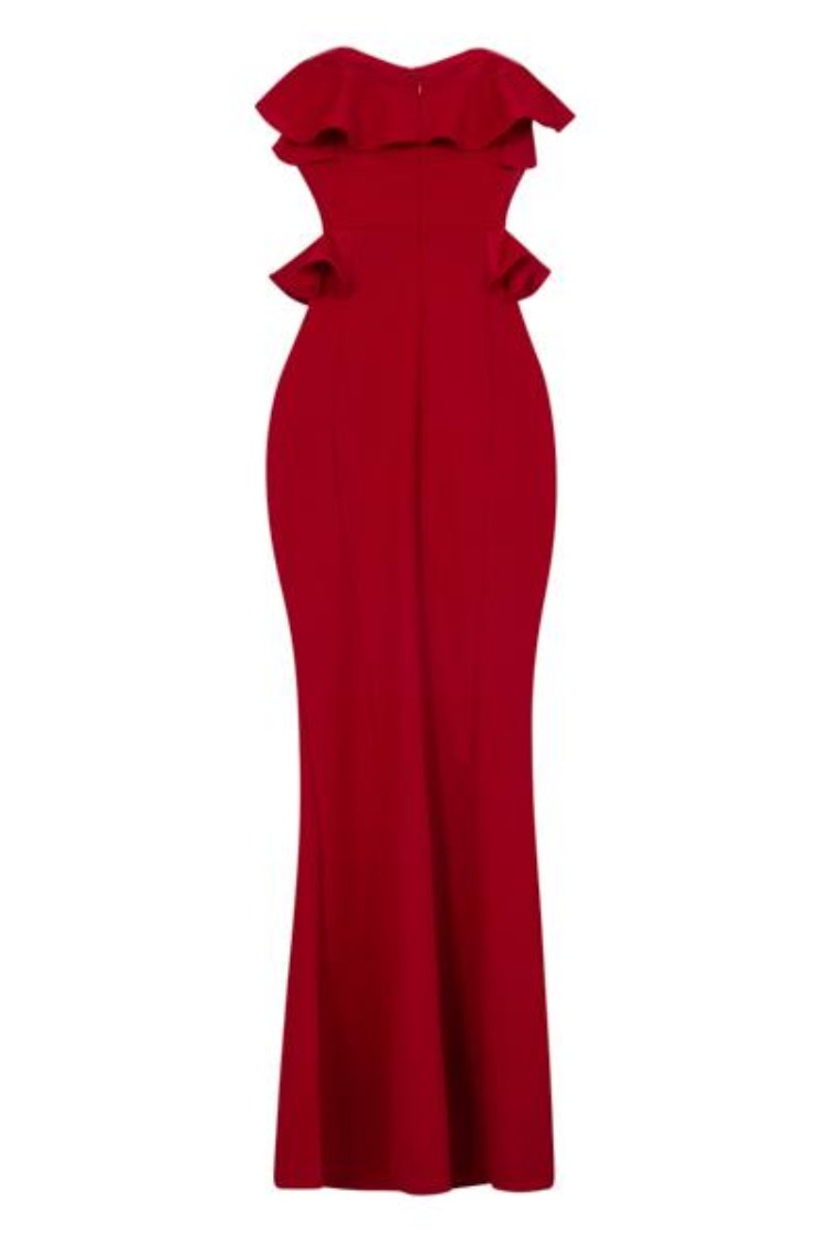 Paloma Red Strapless Frill Ruffle Bodycon Slinky Mermaid Maxi Dress