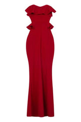 Paloma Red Strapless Frill Ruffle Bodycon Slinky Mermaid Maxi Dress