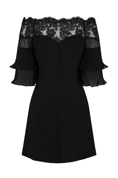 Get Flirty Black Off Shoulder Ruffle & Frill Lace Bardot Dress