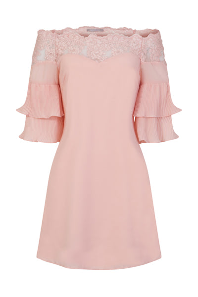 Get Flirty Blush Off Shoulder Ruffle & Frill Lace Bardot Dress