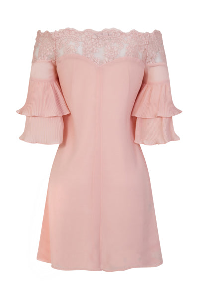 Get Flirty Blush Off Shoulder Ruffle & Frill Lace Bardot Dress